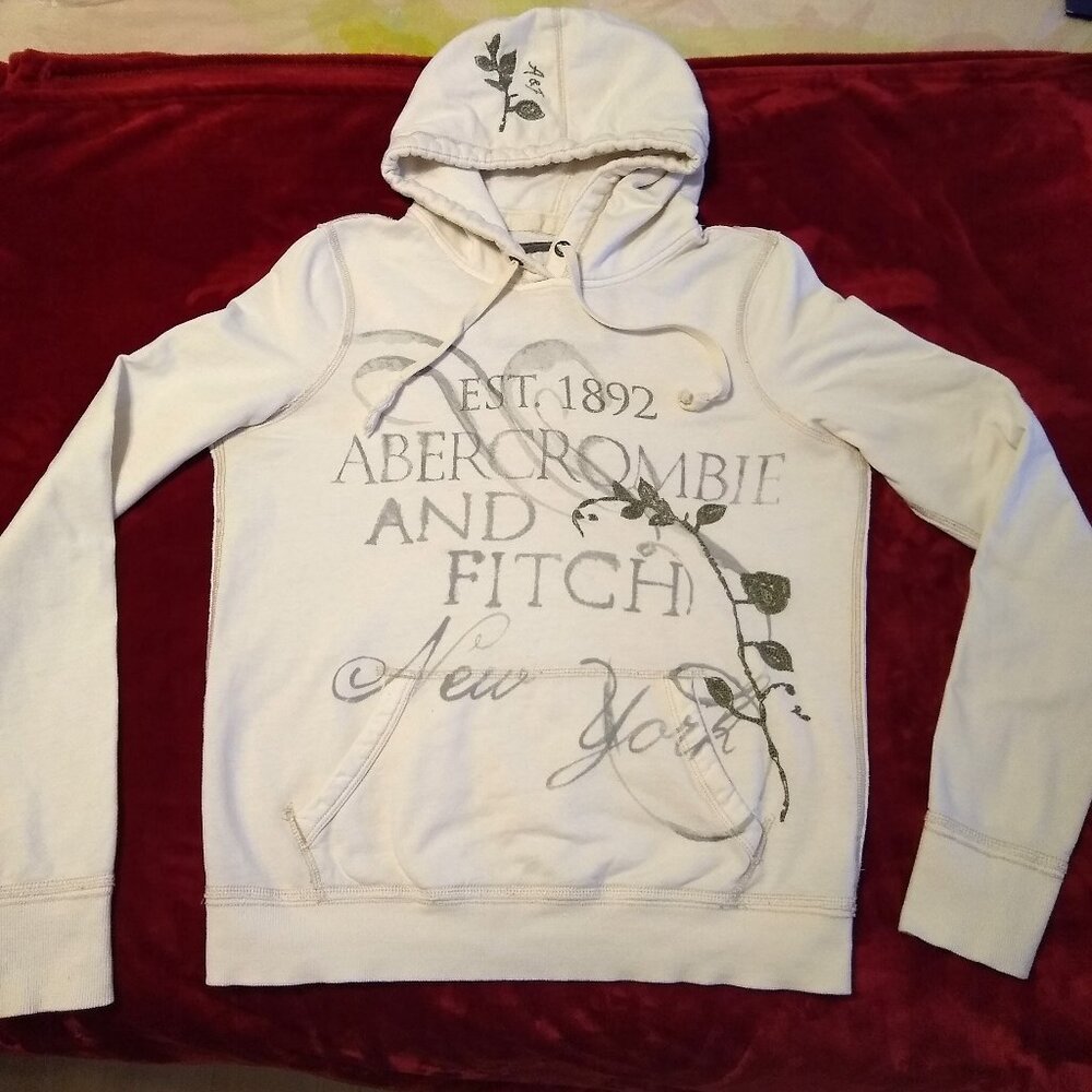 Abercrombie & Fitch Cream Pullover Hoodie Sweatshirt L Embroidered